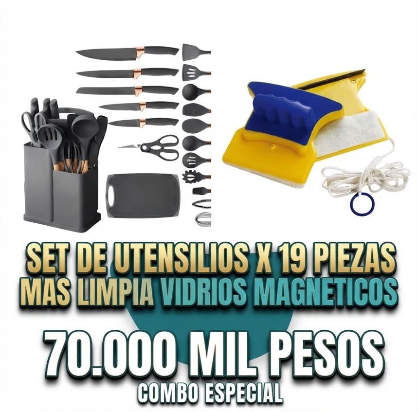 Combo Especial: Set de Utensilios de Cocina x19 Piezas + Limpiavidrios Magnético